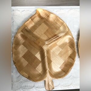 Vintage Woven Wood Leaf Serving Set of Two Trays